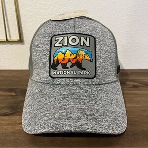 Zion National Park Aero Mesh Hat Cap Bear Patch Gray Utah Hiking Fishing NEW